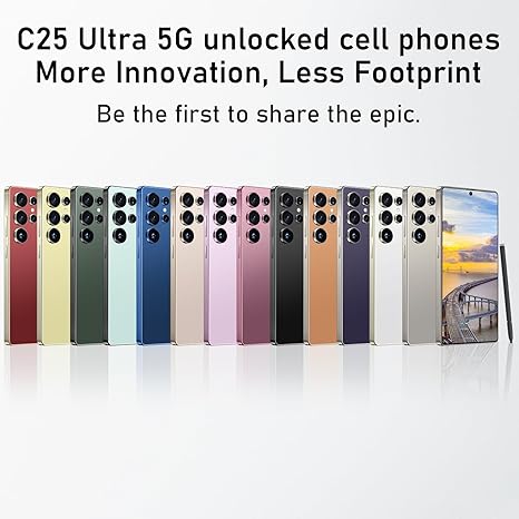 Unlocked Phones C25 Ultra Cell Phone 2025 Android 14 Mobile Phone with Build-in Pen, 12GB+512GB, 7" Display, 108MP+68MP Camera 8000 mAh 5G Dual SIM (Desert)