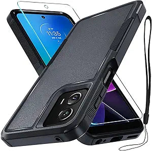 for Motorola Moto G Power 5G 2024 Case, Full Body Heavy Duty Rugged Shockproof Protective Phone Cover with Lanyard Strap, Tempered Glass Screen Protector,Black Matte