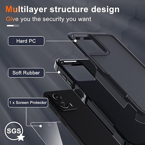 for Motorola Moto G Power 5G 2024 Case, Full Body Heavy Duty Rugged Shockproof Protective Phone Cover with Lanyard Strap, Tempered Glass Screen Protector,Black Matte