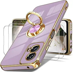 Dretal for Moto G Power 5G 2024 Case, 2X Screen Protector, 360° Rotatable Ring Holder Magnetic Kickstand,Plated Gold Edge Slim Soft TPU Protective Cover for Motorola G Power 5G 2024 (Purple)