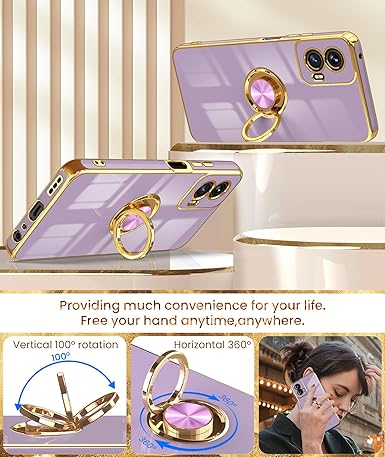 Dretal for Moto G Power 5G 2024 Case, 2X Screen Protector, 360° Rotatable Ring Holder Magnetic Kickstand,Plated Gold Edge Slim Soft TPU Protective Cover for Motorola G Power 5G 2024 (Purple)